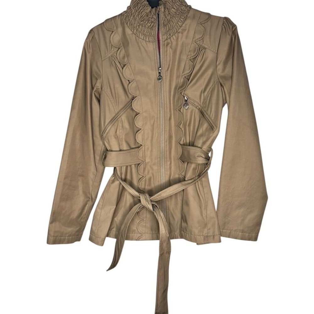 Betsey Johnson Women's M Khaki‎ Belted Trench Coat Ruffle Accents